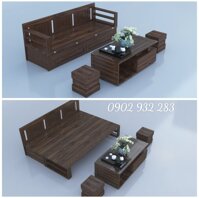 Bộ sofa giường 2 trong 1 gỗ sồi  màu óc chó mẫu phúc lộc thọ