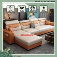 Bộ sofa hình chữ L phong cách Bắc âu,ghế bọc da nhật, đêm bọt biển, khung gỗ sồi, chân sắt sơn tĩnh điện + tặng 4 gối ôm