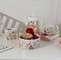 Bộ Sứ Cao Cấp Hoa Mùa Xuân Vintage (bộ gồm: Tách trà, đĩa lót tách trà + giỏ sứ + cốc sứ + ấm trà sứ)