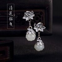 [Bộ sưu tập 1.2 vạn người] Hoa tai hoa sen ngọc bích Hetian dát bạc phong cách gia tộc nổi tiếng s925 phong cách Trung Quốc phong cách Trung Quốc Hoa Tai Nữ Quà Tặng