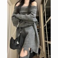 [Bộ sưu tập 637 người] phong cách nhàn rỗi xé Áo len vai cho phụ nữ 2024 mùa thu và mùa đông mới vai trần Áo len lỏng lẻo giảm béo tinh khiết hàng đầu