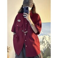 Bộ sưu tập áo ngắn tay [Burgundy Street High Street đa năng phong cách Mỹ mùa hè 1975 phong cách đại học rộng rãi] Áo sơ mi nữ áo đôi retro