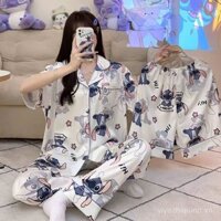 [Bộ sưu tập của 1143 người] Bộ đồ ngủ Stitch phong cách Nhật Bản của phụ nữ Lụa băng mùa hè Ngắn Tay Bộ đồ ba mảnh mỏng dành cho học sinh