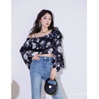 [Bộ sưu tập của 1379 người] Xu hướng thời trang Áo Sơ Mi Hoa một bên cổ bèo nữ thiết kế kiểu Pháp Áo sơ mi dài tay loe ngắn hở rốn