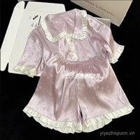 [Bộ sưu tập của 1469 người] Bộ đồ ngủ lụa băng màu tím của phụ nữ mùa hè phong cách mới Áo Cardigan ngắn tay phong cách mới Bộ đồ mặc nhà tươi có thể mặc bên ngoài