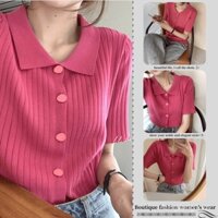 [Bộ sưu tập của 2868 người] Áo cổ POLO màu đỏ hồng phong cách Hàn Quốc mẫu mới mùa hè Áo phông dệt kim tay ngắn ngang vai nữ Instagram sành điệu