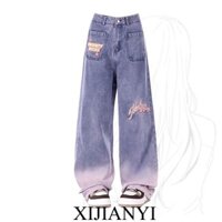 [Bộ sưu tập của 6209 người] Quần Jean ỐNg RộNg Thêu Gradient của phụ nữ mùa xuân và mùa thu cộng với kích thước mm béo Thiết kế quần dài giản dị/1.13