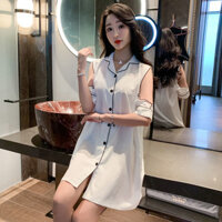 [Bộ sưu tập người 1208] Váy ngủ bằng lụa băng mùa hè gợi cảm Phong cách mới Phiên bản Hàn Quốc Kích thước lớn Tay ngắn dễ thương Phong cách mỏng dáng rộng có thể mặc bên ngoài Quần áo gia đình 3.27