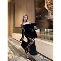 [Bộ sưu tập người 1480] Váy nhung một vai phong cách hoàng gia dành cho nữ Váy dài tay mùa đông Váy ren đen khâu xẻ đôi @ -20250224