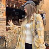[Bộ sưu tập người 1653] Áo khoác dài tay cổ polo kẻ sọc màu vàng Áo khoác nữ thiết kế mùa thu Áo sơ mi dáng rộng Áo len Cardigan dài vừa phải