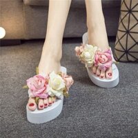 [Bộ sưu tập người 1720] Dép nữ mùa hè, Dép đi biển mặc ngoài trời thời trang trên bãi biển, Giày cao gót bánh xốp, Hoa lớn, Dép xỏ ngón đế dày