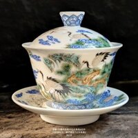 Bộ sưu tập người 1791 Crane Men Color 170 Chào mừng khách Songsancai Gaiwan Bát trà có giá trị cao cấp Bộ trà cao cấp Trung Quốc Gốm sứ nhiệt độ cao / 4.1