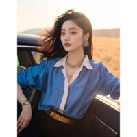[Bộ sưu tập người 1886] Ánh sáng cao cấp Phong cách trưởng thành Thiết kế thích hợp Cảm giác sang trọng Áo sơ mi nhỏ đẹp độc đáo Áo sơ mi sọc xanh ngọt ngào Áo sơ mi nữ mùa hè