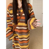 [Bộ sưu tập người 2407] Đầm dệt kim sọc màu tương phản phong cách lười biếng dành cho nữ mùa đông Váy dài dáng rộng Váy thẳng sáp mềm