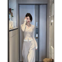 [Bộ sưu tập người 6085] Bộ đồ thời trang 2024 Thiết kế dày dặn Cảm giác áo Cardigan hai mảnh giả + Quần ống rộng co giãn lưng cao20250223