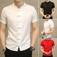 [Bộ sưu tập người 761] Bộ đồ đường phong cách Trung Quốc mùa hè Áo sơ mi ngắn tay nam thanh niên Bộ đồ leo núi giữa Hanfu Slim-fit Áo sơ mi phong cách cổ xưa Quần áo nam Phật giáo