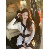 [Bộ sưu tập người 937] Đầu thu phong cách Chanel Pháp Màu sắc tương phản Váy dệt kim cổ chữ v Nữ tính Mông gợi cảm Váy áo len đế trong