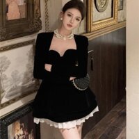 [Bộ sưu tập nhân dân 1606] Váy nhung cổ điển kiểu Pháp Nữ thu đông Váy phong cách sang trọng Váy đen nhỏ Váy dạ hội cao cấp Váy ngắn