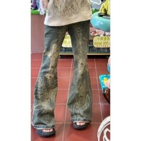 [Bộ sưu tập nhân dân 2339] Quần jean Micro loe đau khổ kiểu Mỹ dành cho nữ Hot Girl Retro Đinh tán thẳng Mặt dây chuyền thường ngày Quần hợp thời trang