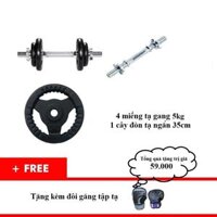 Bộ tạ tay tháo lắp miếng gang tạ bánh gang 3 lỗ 21.5kg 1 đòn tạ 35cm 4 miếng gang 5kg tặng kèm 1 găng tay có cuốn