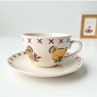 Bộ tách trà và đĩa lót gấu lucy corporation kem men mịn dễ thương vintage retro pastel gốm sứ Nhật Âu Hàn đồng quê cute
