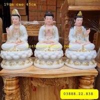 Bộ tam thế Phật đá 19in cao 45cm màu trắng mẫu mới