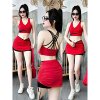 Bộ tập erobic gym,set đi biển kín đáo áo bra dây,chân váy rút phối cạp đi du lịch,đi biển