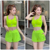 Bộ Tập Gym Nữ Ngắn, Quần 2 Lớp, Aó Bra Cá Mập Rút Dây