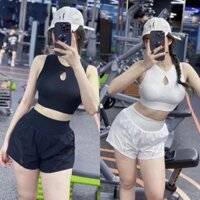 Bộ tập gym yoga aerobic cho nữ áo bra kín lưng quần đùi gió tập thể thao vải thun co giãn 4 chiều thoáng mát