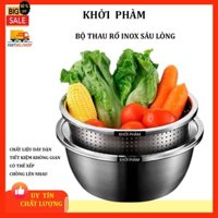 Bộ Thau Rổ Inox KHỞI PHÀM Combo2-LP+TLG Vo Gạo,Rửa Rau Củ Quả,Chậu Kèm Rổ Inox Sâu Lòng Đa Năng