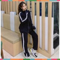 BỘ THỂ THAO 2 SỌC NỮ HOT - SET ÁO KHOÁC ĐEN QUẦN SỌC BASICoo