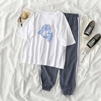 Bộ thể thao ️ /Set Quần Jogger Line Phối Áo Thun Tay Lỡ Cá Heo Unisex nam nữ - S34
