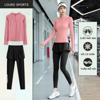 Bộ thể thao dài nữ [Louro SE6D], bộ đồ tập gym gồm quần legging 2 lớp và áo thể thao phối lưới