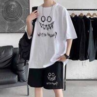 Bộ thể thao mặc hè cotton dáng rộng unisex nam nữ,Set quần đùi áo thun tay lỡ in hoạ tiết mặc đi chơi dạo phố ảnh thật - Trắng X - L duoi 59kg