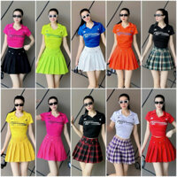 Bộ thể thao nữ chân váy chất kaki mềm và áo croptop lưới chất thun tập zumba, aerobic, shuffle dance, pickleball