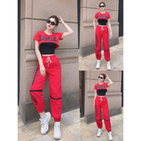 Bộ thể thao nữ quần gió lụa áo crtop,sét 3 chi tiết nhảy dân vũ,shuffle dance,đồ tập thể thao,quần bom siết gối