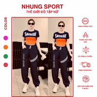 Bộ thể thao nữ,bộ quần gió áo chất thun co giãn,đồ tập nhảy zumba,nhảy thể thao dân vũ,quần gió 3 sọc áo 2 chi tiết SAGE