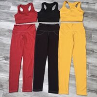 Bộ thể thao tập gym yoga nữ - Bộ tập bra trơn thun viền quần 2 túi sau