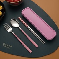 Bộ thìa đũa muỗng dĩa Inox 304 thép không gỉ tái chế sử dụng thân thiện môi trường tặng kèm hộp đựng chắc chắn Yorn - Hồng Bạc 4 Món