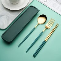 Bộ thìa đũa muỗng dĩa Inox 304 thép không gỉ tái chế sử dụng thân thiện môi trường tặng kèm hộp đựng chắc chắn Yorn - Xanh Vàng 4 Món