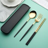 Bộ thìa đũa muỗng dĩa Inox 304 thép không gỉ tái chế sử dụng thân thiện môi trường tặng kèm hộp đựng chắc chắn Yorn - Đen Vàng 4 Món