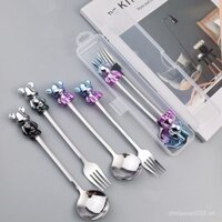Bộ thìa nĩa gấu bạo lực Bộ thìa nĩa inox đũa búp bê cầm tay Bộ dao kéo Gấu Đỏ lưới Instagram
