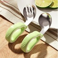 Bộ thìa nĩa và thìa DALTON 2 chiếc, Tay cầm bằng silicon Dao kéo tự ăn cho bé, Bộ đồ bạc Thép không gỉ 316 có hộp lưu trữ Thiết kế chống khói Bộ đồ ăn trẻ em Huấn luyện ăn uống