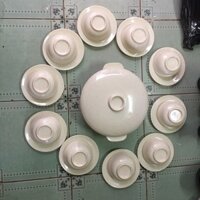Bộ thố đựng cơm  28.5 x Ø 25 x 12.7 cm và 10 chén kèm dĩa úp chén nhựa melamine vân đá kem