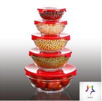 Bộ Thố Thuỷ Tinh 5 Món Có Nắp Đậy- Đựng Thức Ăn, Rau Củ, Trái Cây - Sử Dụng Trong Lò Vi Sóng Tiện Lợi An Toàn - Hàng Chính Hãng MINIIN - Màu đỏ