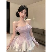 Bộ thời trang cho cô gái thời thượng, áo ống chiffon có eo xếp nếp, áo vest mùa hè, váy ngắn phồng cao, bộ hai mảnh