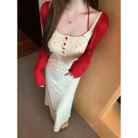 Bộ thời trang nữ Sweet Spicy Girl, áo khoác cardigan đan đỏ chống nắng, đầm hai dây hoa mùa xuân hè