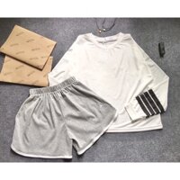 Bộ Thu Áo Trắng Sọc Đen Quần Xám Ở Xinh Sleepwear