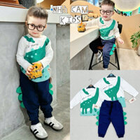 Bộ Thu Đông Dài Tay Cho Bé, Bộ Khủng Long Dài Tay Áo Trắng Quần Xanh Than - Nhà Cam