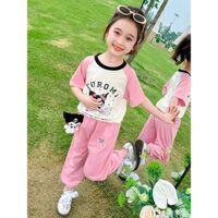 Bộ thu đông Quần dài + áo cộc tay in hình KUROMI cho bé gái, chất cotton, HỒNG-TÍM, siz